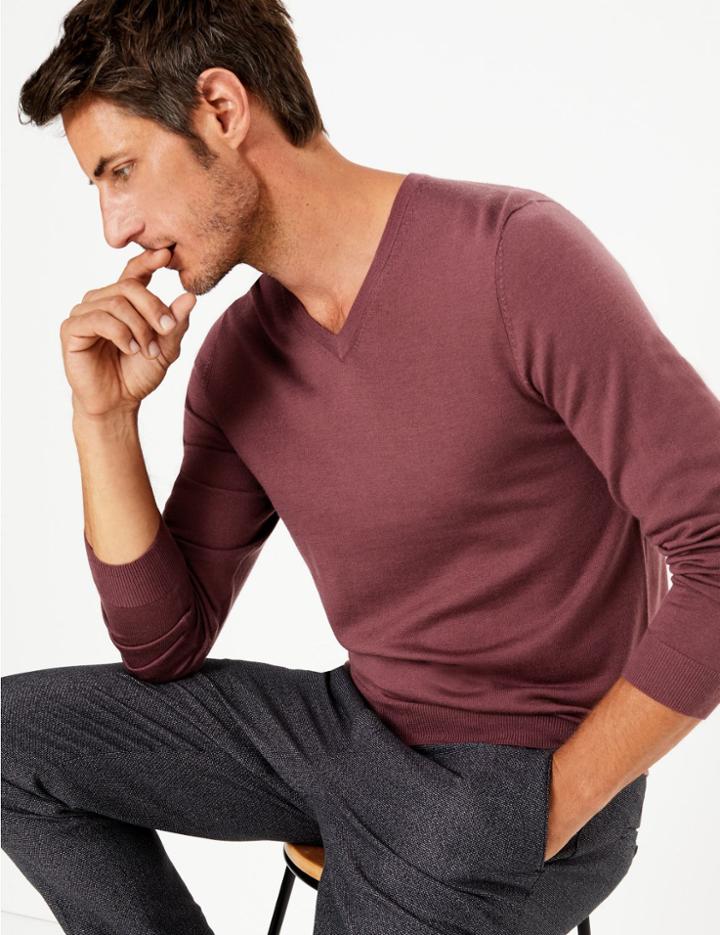 Marks & Spencer Extra Fine Merino V Neck Jumper Mauve