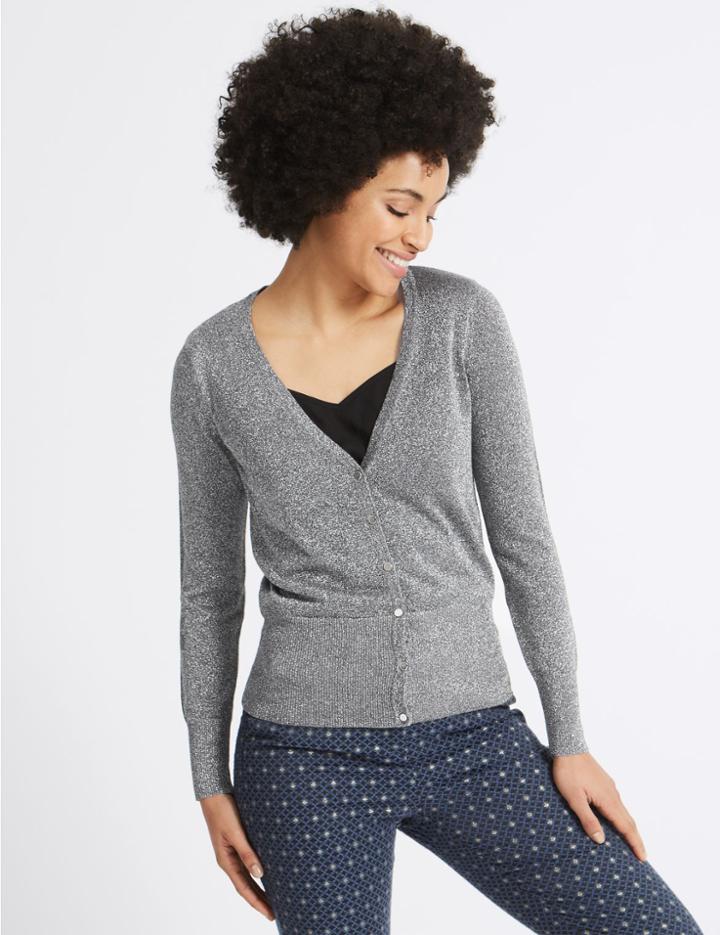 Marks & Spencer Glitter V-neck Long Sleeve Cardigan Gunmetal