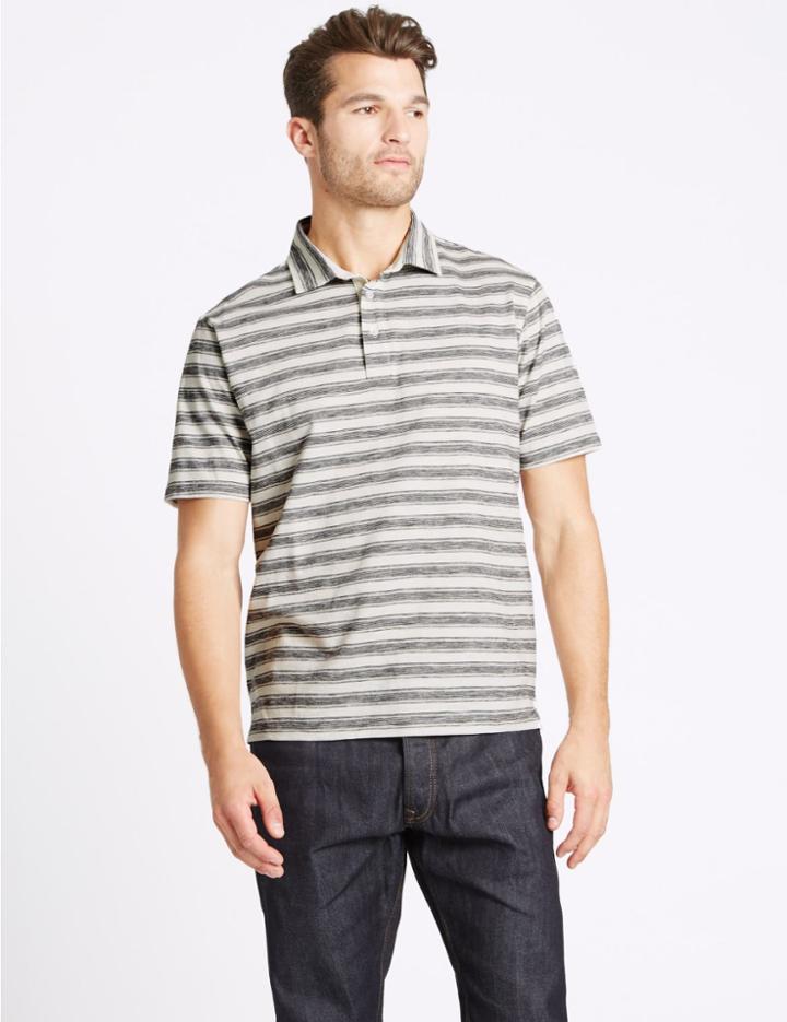 Marks & Spencer Pure Cotton Striped Polo Shirt Ecru
