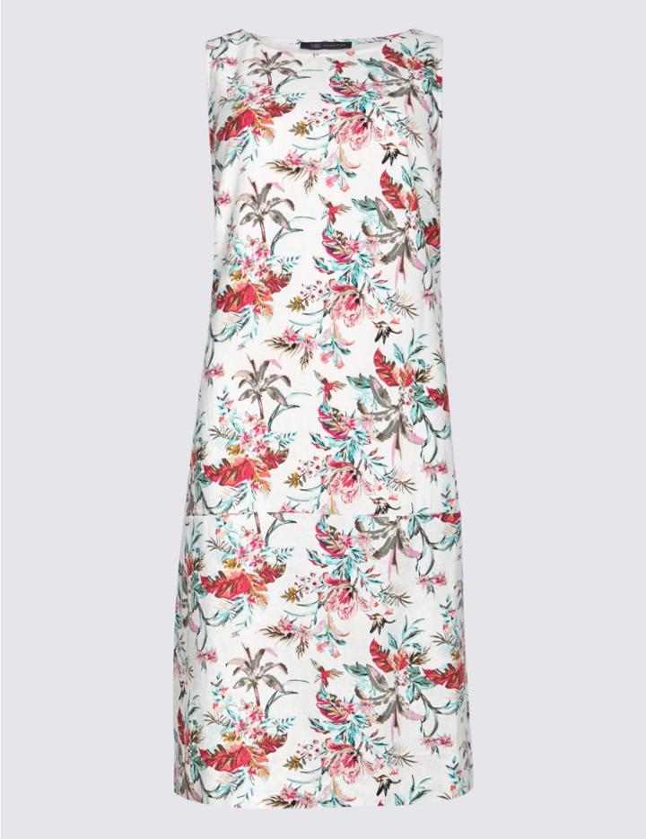 Marks & Spencer Linen Blend Printed Seam Detail Tunic Dress Ivory Mix