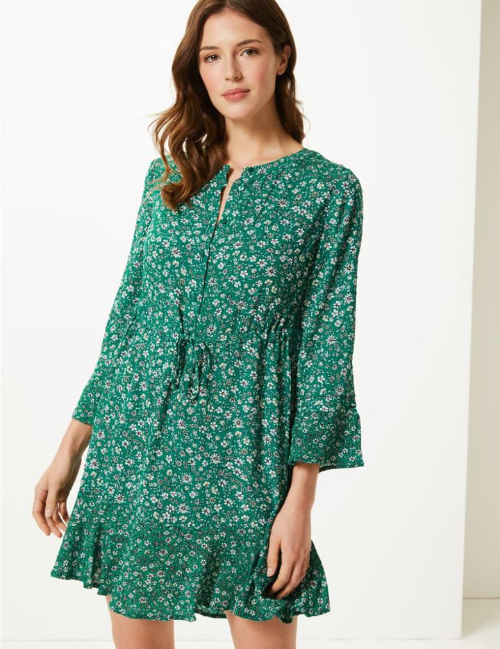 Marks & Spencer Floral Button Front Relaxed Mini Dress Green Mix