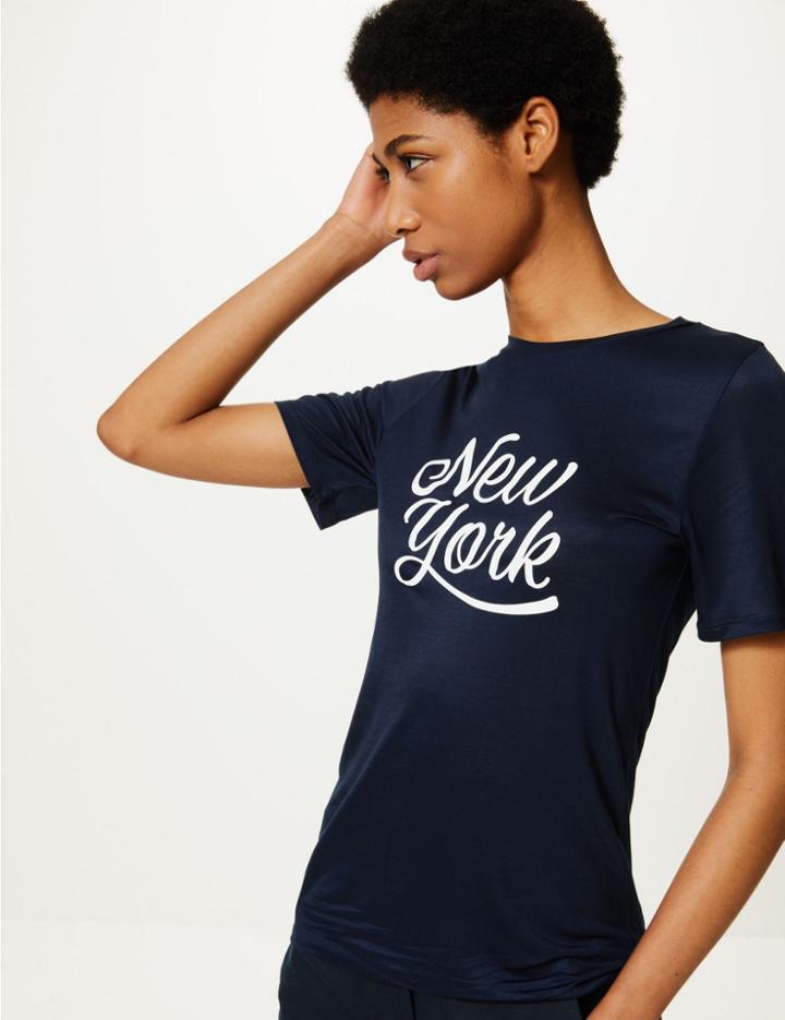 Marks & Spencer Slogan Mercerised T-shirt Navy Mix