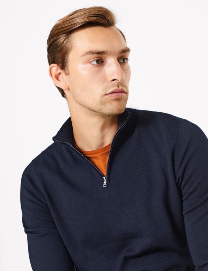 Marks & Spencer Merino Wool Half Zip Funnel Neck Jumper Navy