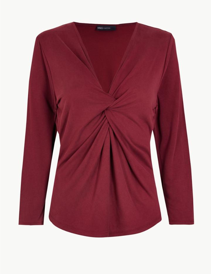 Marks & Spencer Twisted Front V-neck Fitted Long Sleeve Top Claret
