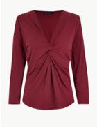 Marks & Spencer Twisted Front V-neck Fitted Long Sleeve Top Claret