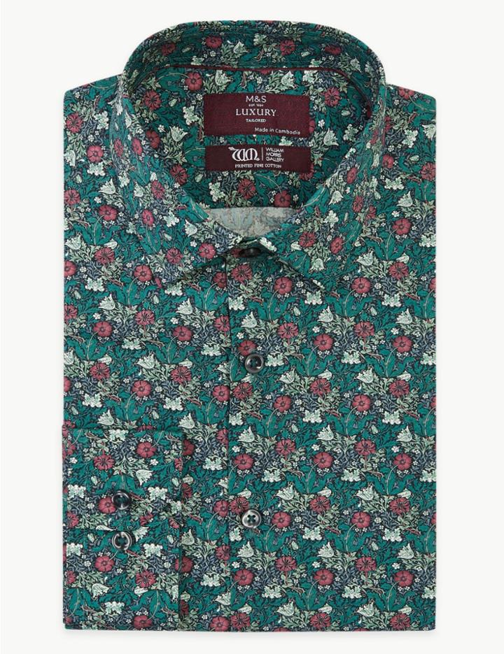 Marks & Spencer Tailored William Morris Print Shirt Green Mix