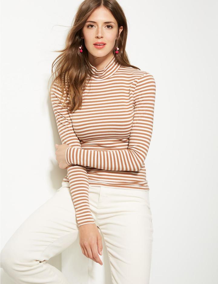 Marks & Spencer Cotton Rich Striped Long Sleeve T-shirt Light Tan Mix
