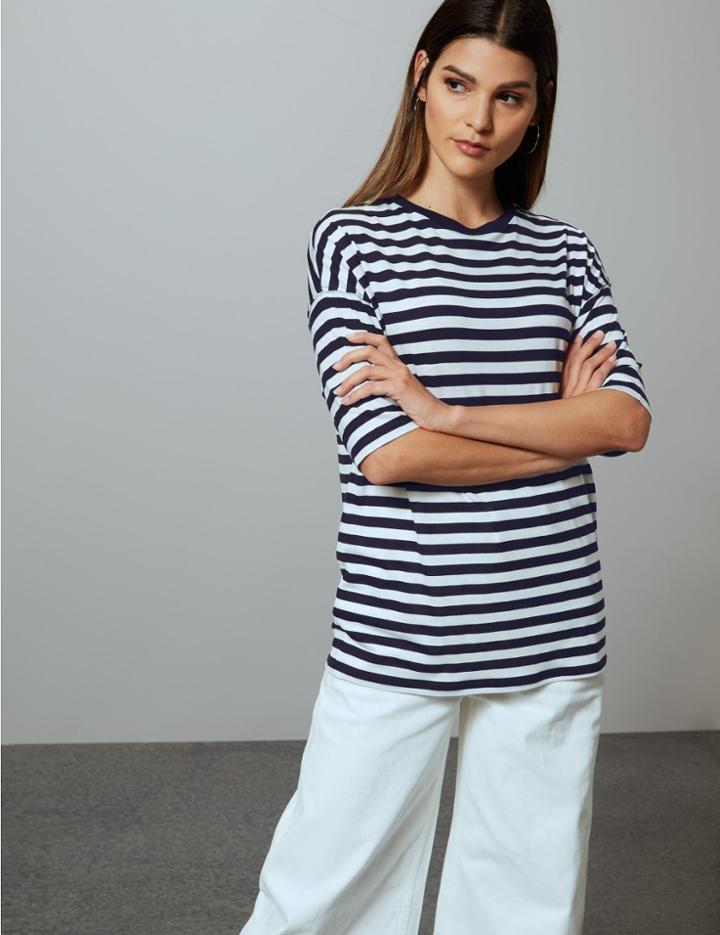 Marks & Spencer Oversized Striped Short Sleeve T-shirt Navy Mix