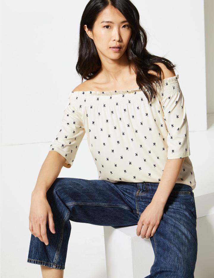 Marks & Spencer Floral Print Bardot Top Ivory Mix