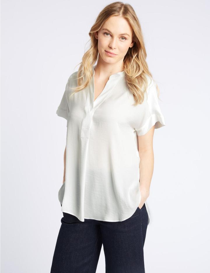 Marks & Spencer Popover Notch Neck Short Sleeve Blouse Ivory