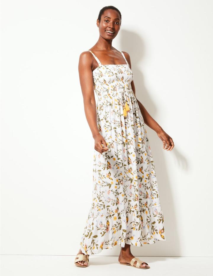 Marks & Spencer Floral Print Strappy Waisted Beach Dress White Mix