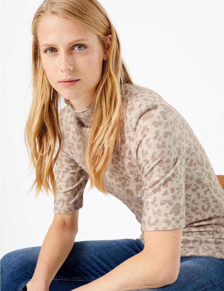 Marks & Spencer Leopard Print Cosy Fitted Top Oatmeal Mix