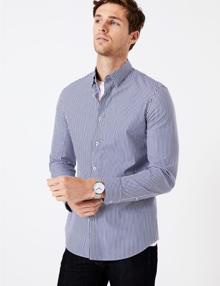 Marks & Spencer Cotton Striped Shirt Navy Mix