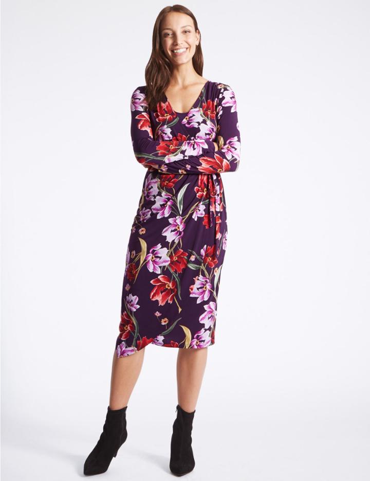 Marks & Spencer Floral Print Long Sleeve Wrap Midi Dress Purple Mix