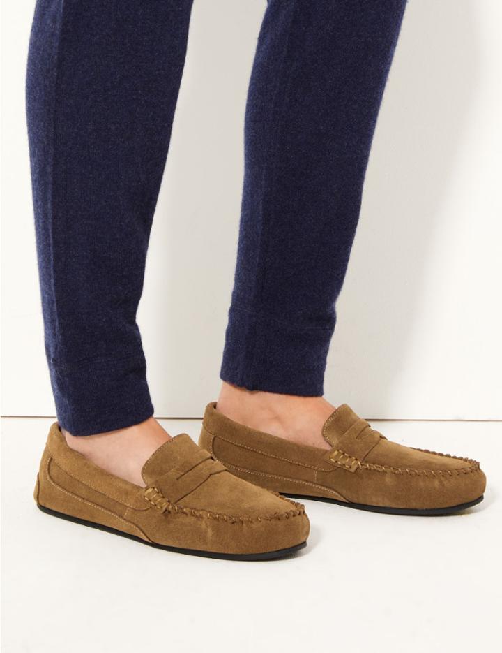 Marks & Spencer Suede Slip-on Slippers With Freshfeet&trade; Tan