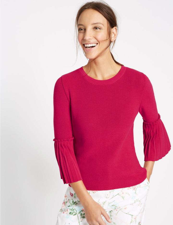 Marks & Spencer Round Neck Pleated 3/4 Sleeve Jumper Pink
