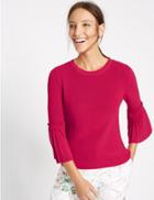 Marks & Spencer Round Neck Pleated 3/4 Sleeve Jumper Pink