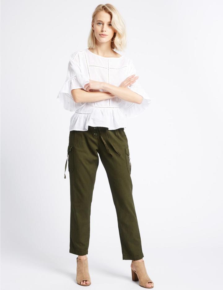 Marks & Spencer Cotton Blend Striped Tapered Leg Trousers Khaki