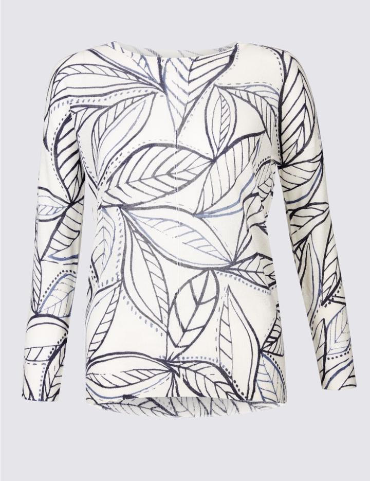 Marks & Spencer Leaf Print Centre Seam Round Neck Jumper White Mix