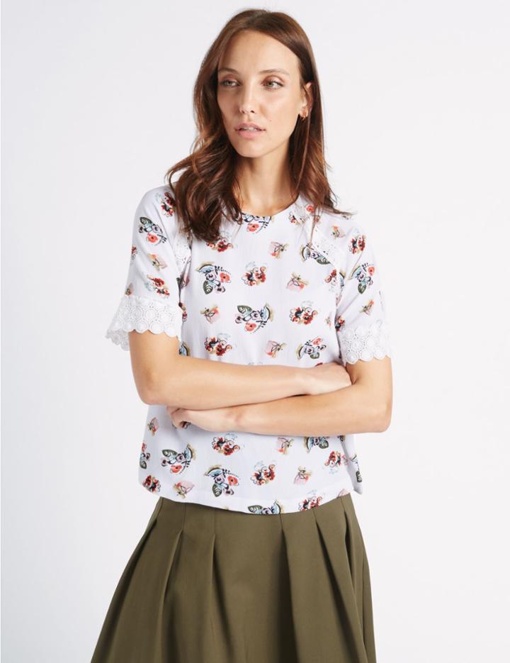 Marks & Spencer Crochet Trim Printed Short Sleeve Shell Top Ivory Mix