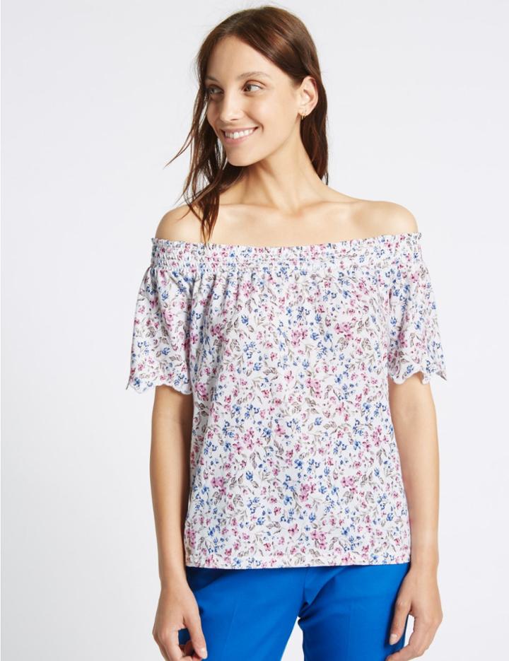 Marks & Spencer Cotton Rich Floral Print Bardot Top Ivory Mix