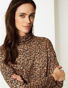 Marks & Spencer Animal Print Funnel Neck Long Sleeve Top Brown Mix