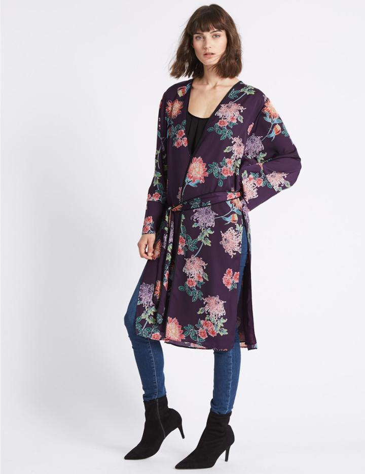 Marks & Spencer Floral Print Longline Long Sleeve Kimono Top Purple Mix