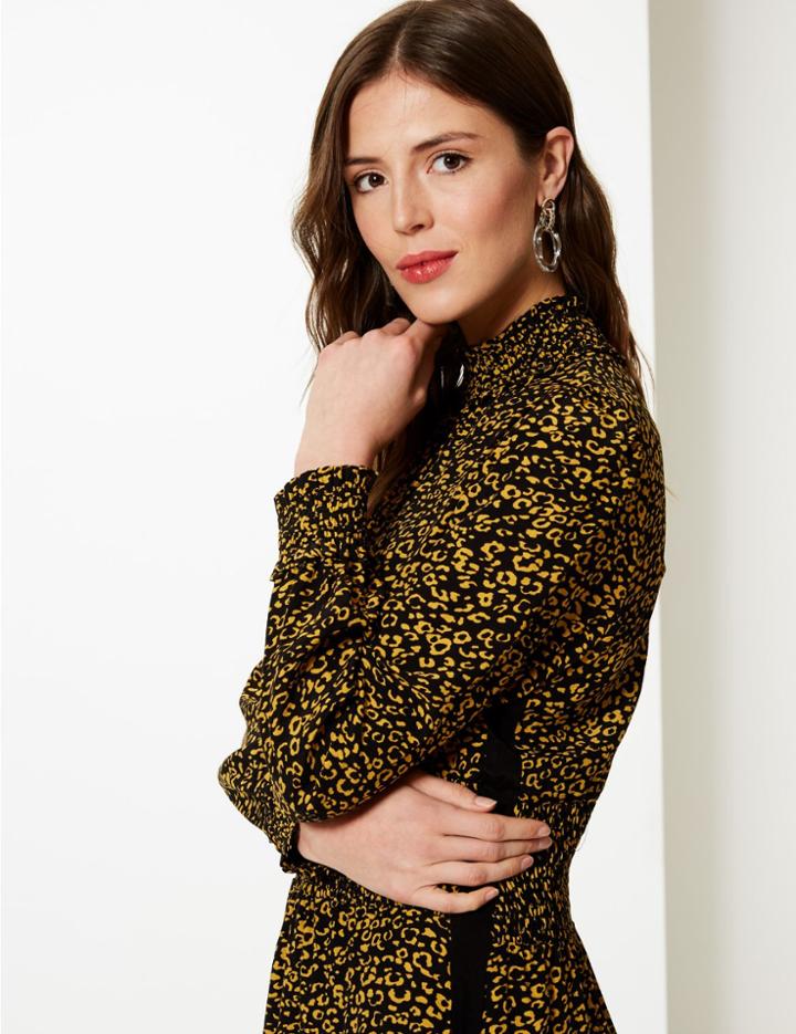 Marks & Spencer Animal Print Fit & Flare Midi Dress Yellow Mix