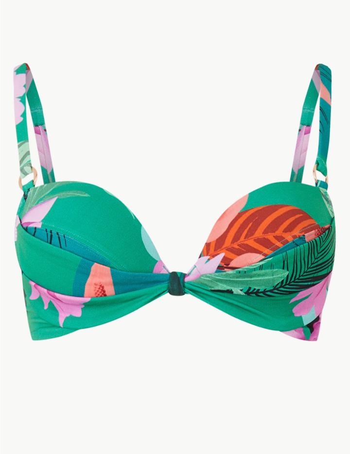 Marks & Spencer Floral Print Underwired Plunge Bikini Top A-e Green Mix