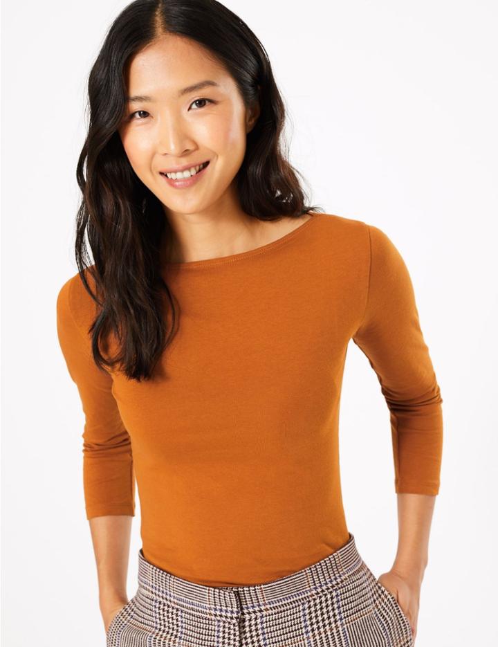 Marks & Spencer Cotton Rich Slash Neck Fitted T-shirt Copper