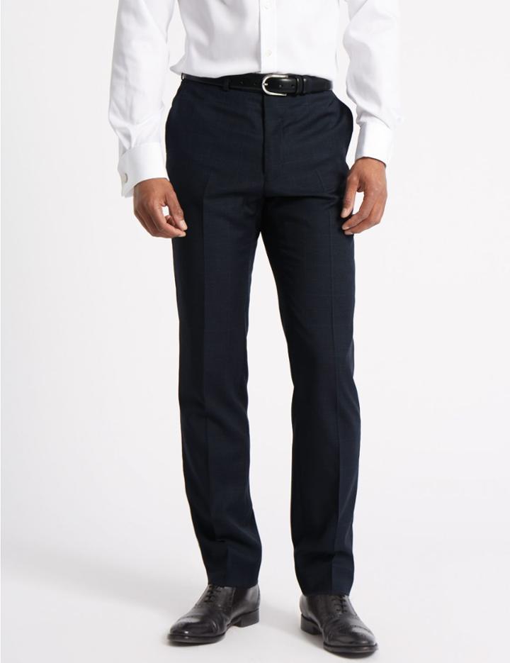 Marks & Spencer Navy Checked Tailored Fit Wool Trousers Navy