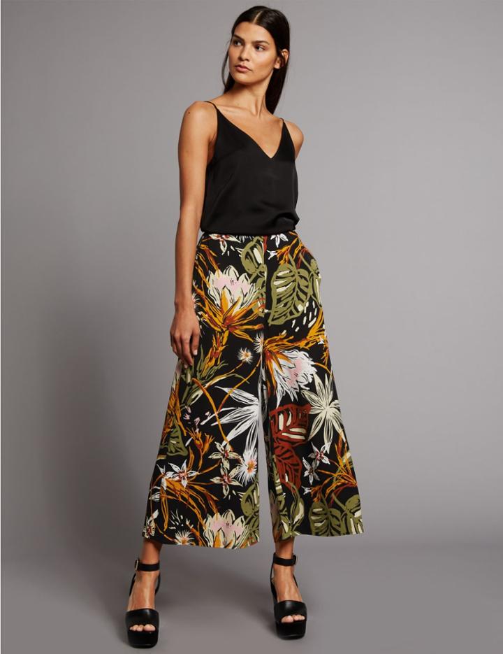 Marks & Spencer Floral Print Cropped Wide Leg Trousers Black Mix