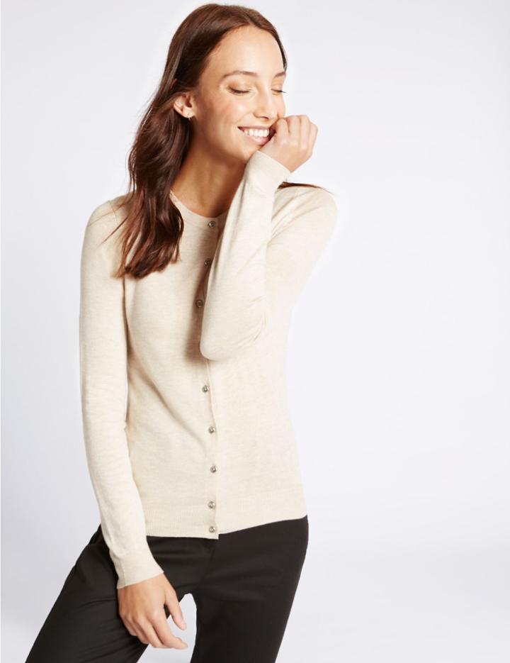 Marks & Spencer Ribbed Round Neck Cardigan Oatmeal Mix