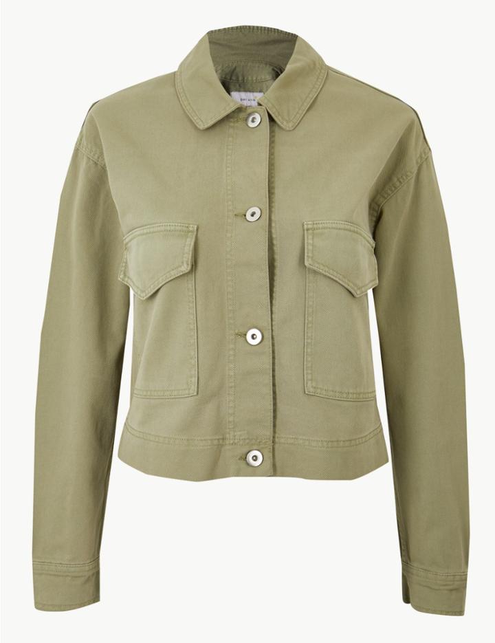 Marks & Spencer Pure Cotton Cropped Short Jacket Khaki
