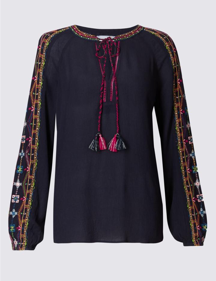 Marks & Spencer Embroidered Notch Neck Long Sleeve Blouse Navy Mix