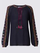Marks & Spencer Embroidered Notch Neck Long Sleeve Blouse Navy Mix