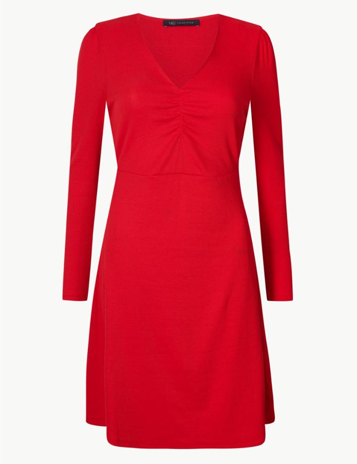 Marks & Spencer Textured Long Sleeve Fit & Flare Mini Dress Red