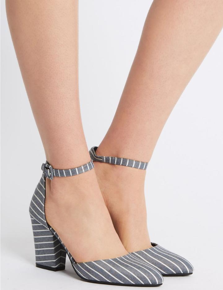 Marks & Spencer Block Heel Ankle Strap Court Shoes Blue Mix