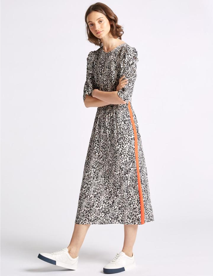 Marks & Spencer Animal Print Half Sleeve Tea Midi Dress Ivory Mix