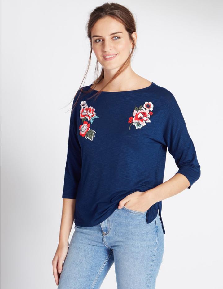 Marks & Spencer Badge Print Slash Neck Jersey Top Blue Mix