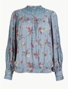 Marks & Spencer Lace Insert High Neck Floral Blouse Blue Mix
