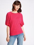 Marks & Spencer Pure Cotton Round Neck Pinch Sleeve T-shirt Bright Pink