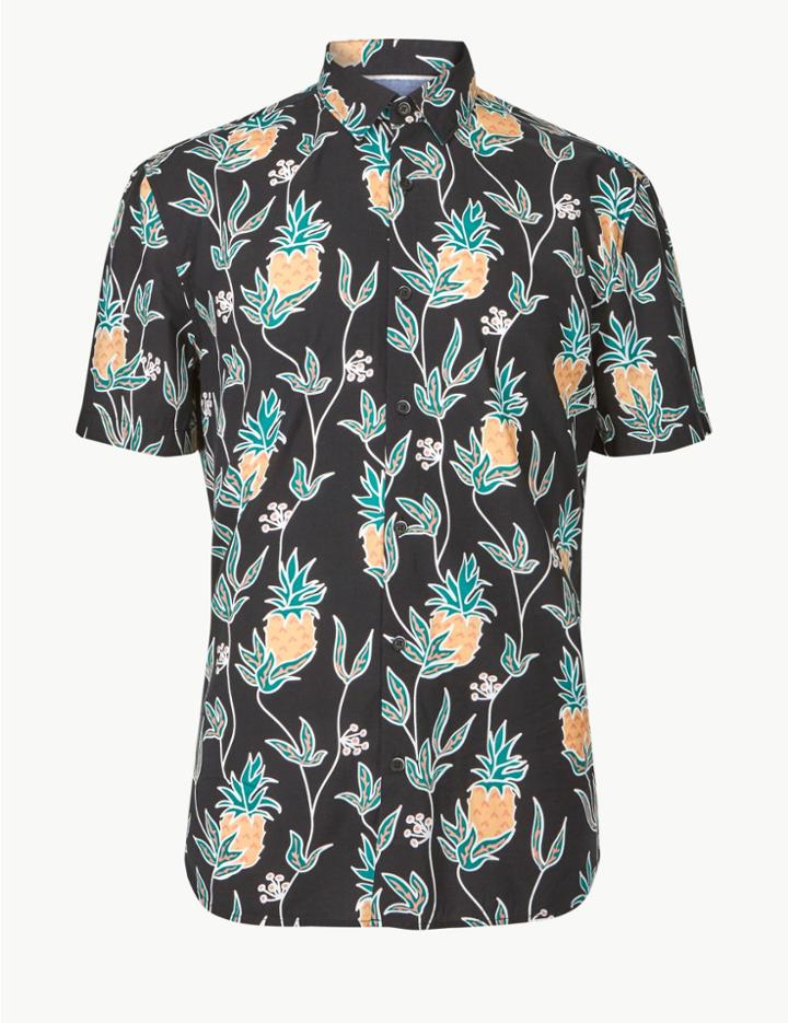 Marks & Spencer Cotton Rich Pineapple Print Shirt Black Mix