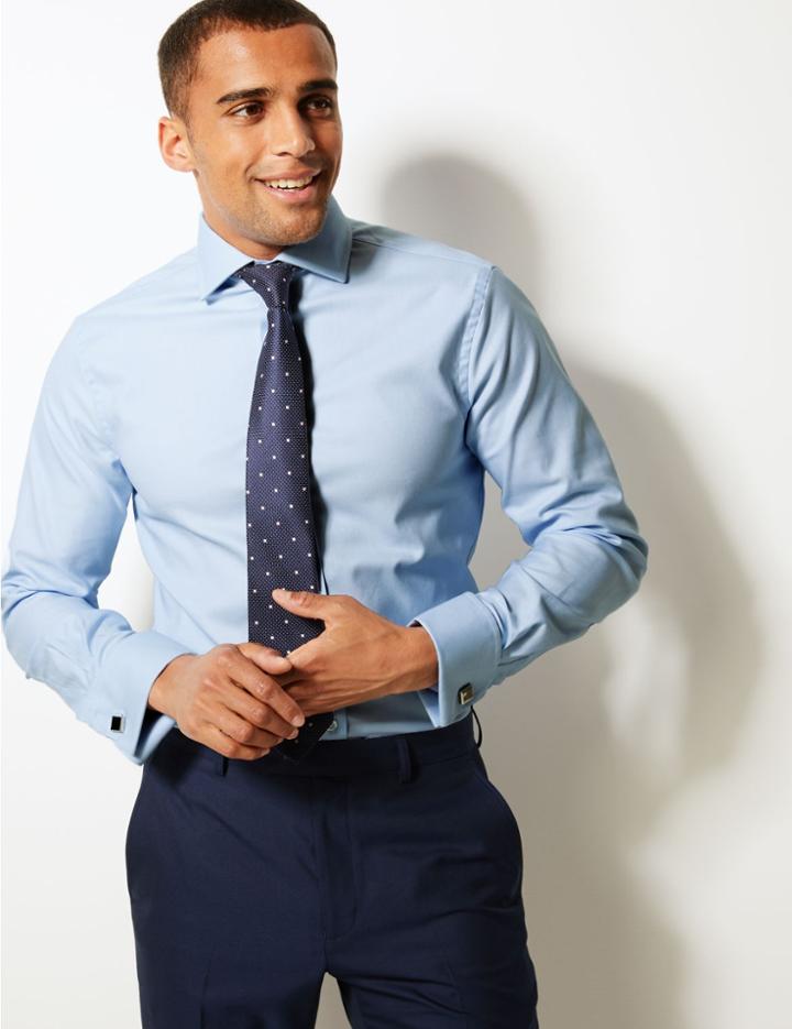 Marks & Spencer Cotton Slim Fit Shirt With Stretch Sky