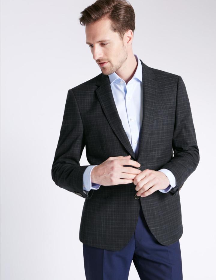 Marks & Spencer Single Breasted 2 Button Checked Jacket Navy