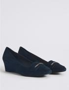 Marks & Spencer Wide Fit Leather Wedge Heel Court Shoes Navy