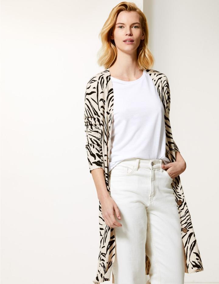 Marks & Spencer Linen Blend Animal Print Longline Cardigan Oatmeal Mix