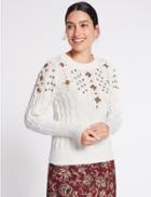 Marks & Spencer Cotton Blend Embellished Cable Knit Jumper Winter White