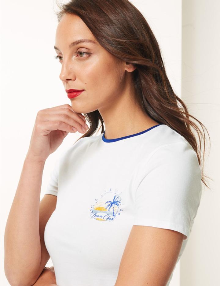 Marks & Spencer Cotton Rich California Fitted T-shirt Ivory Mix