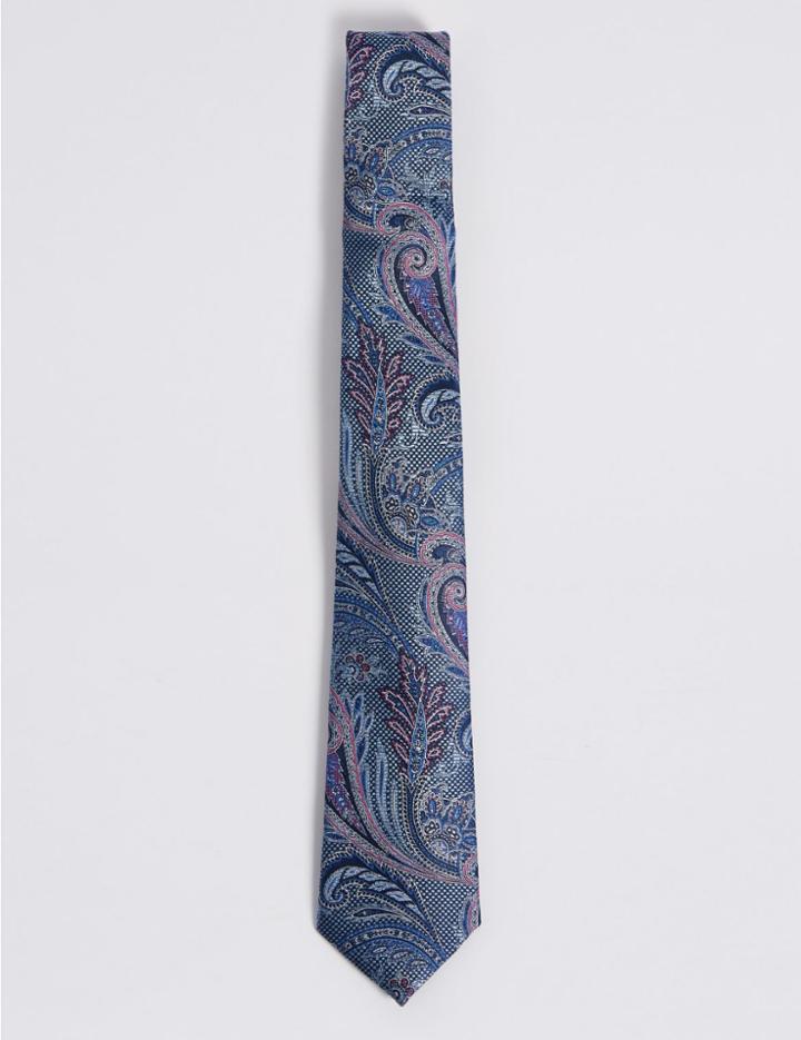 Marks & Spencer Pure Silk Paisley Tie Light Blue Mix